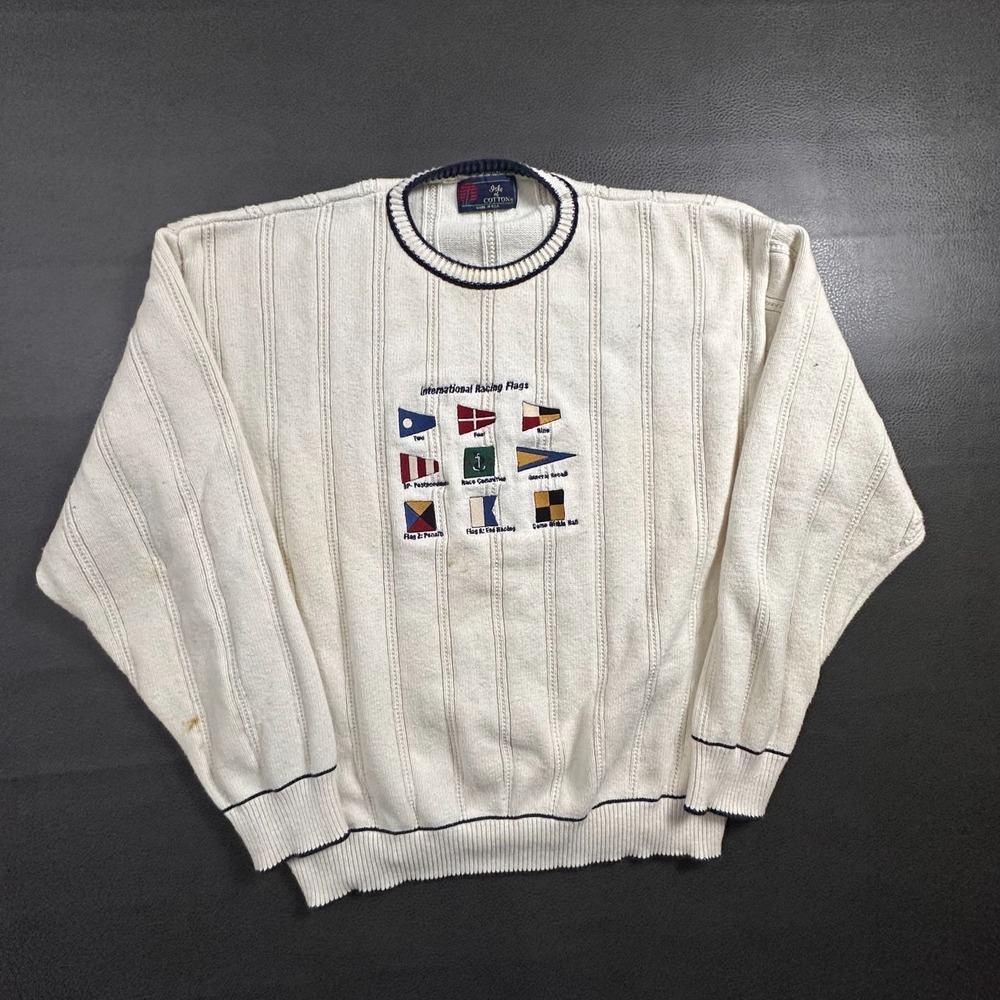 Vintage Boat Racing Sweater Mens Large Beige Made in USA Sail Yacht Grandpa 80s